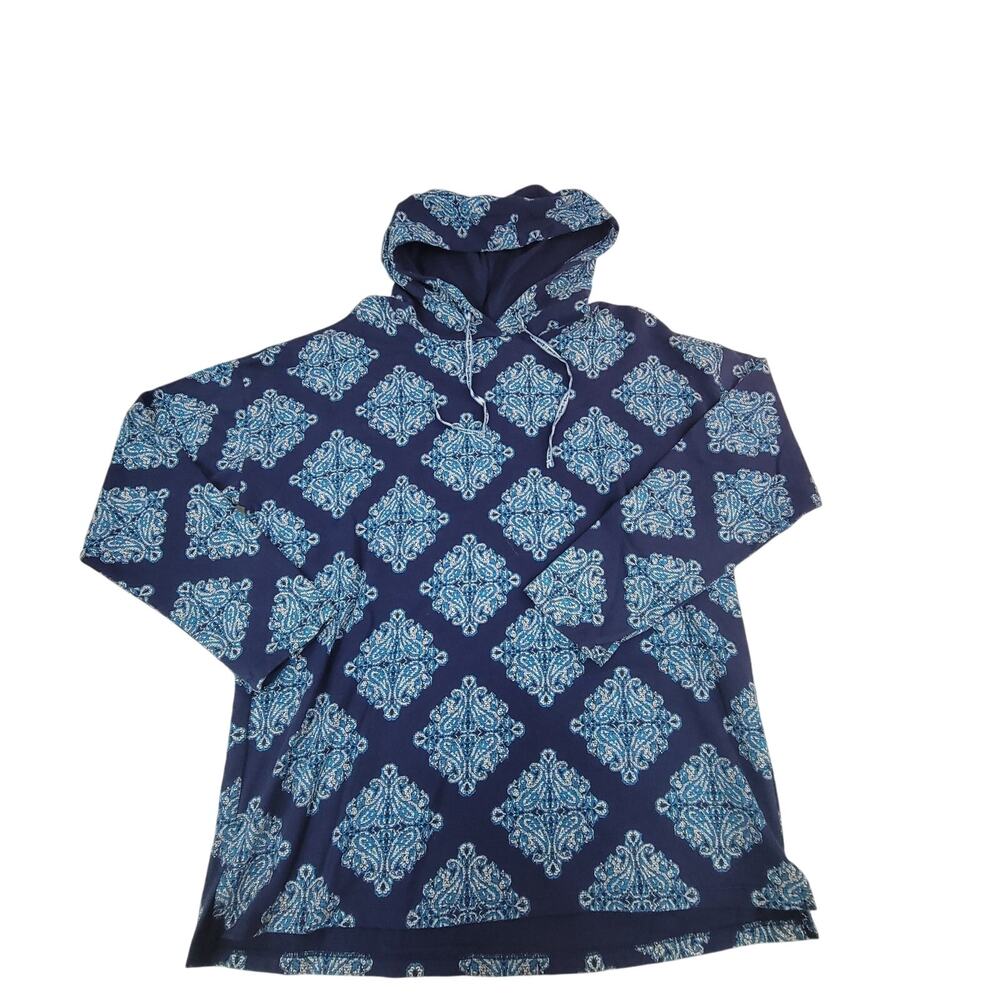 St John's Bay Active Large Blue Navy Medallion Hooded Shirt NWT